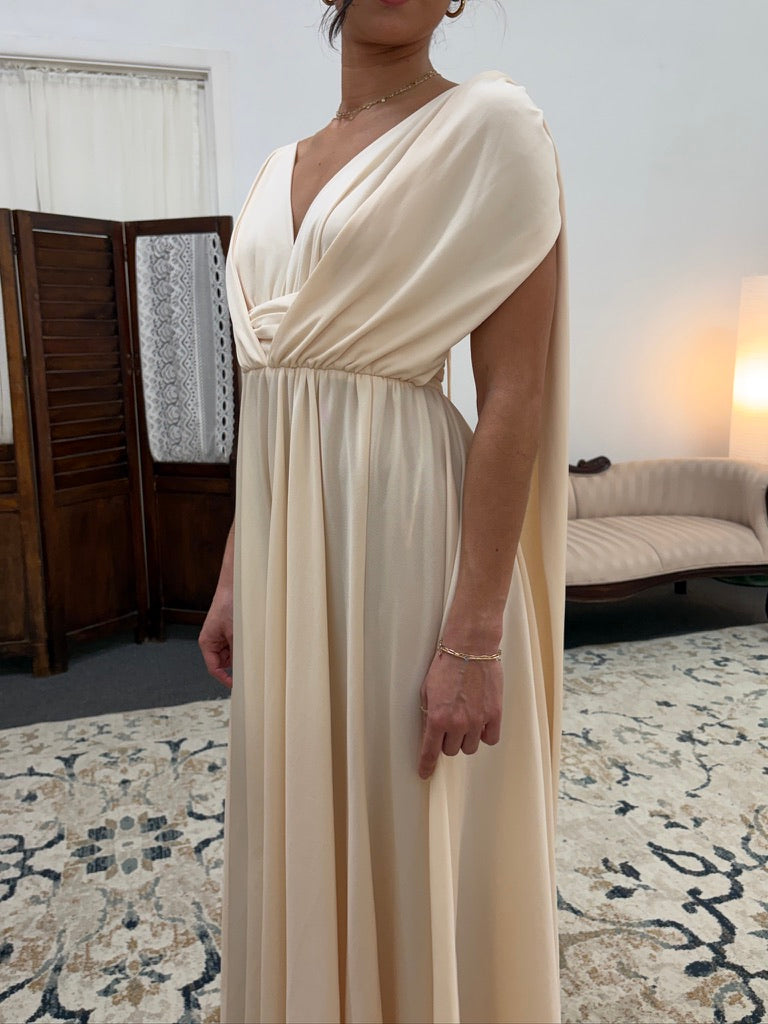 Vintage 70s cream grecian v neck gown with open back