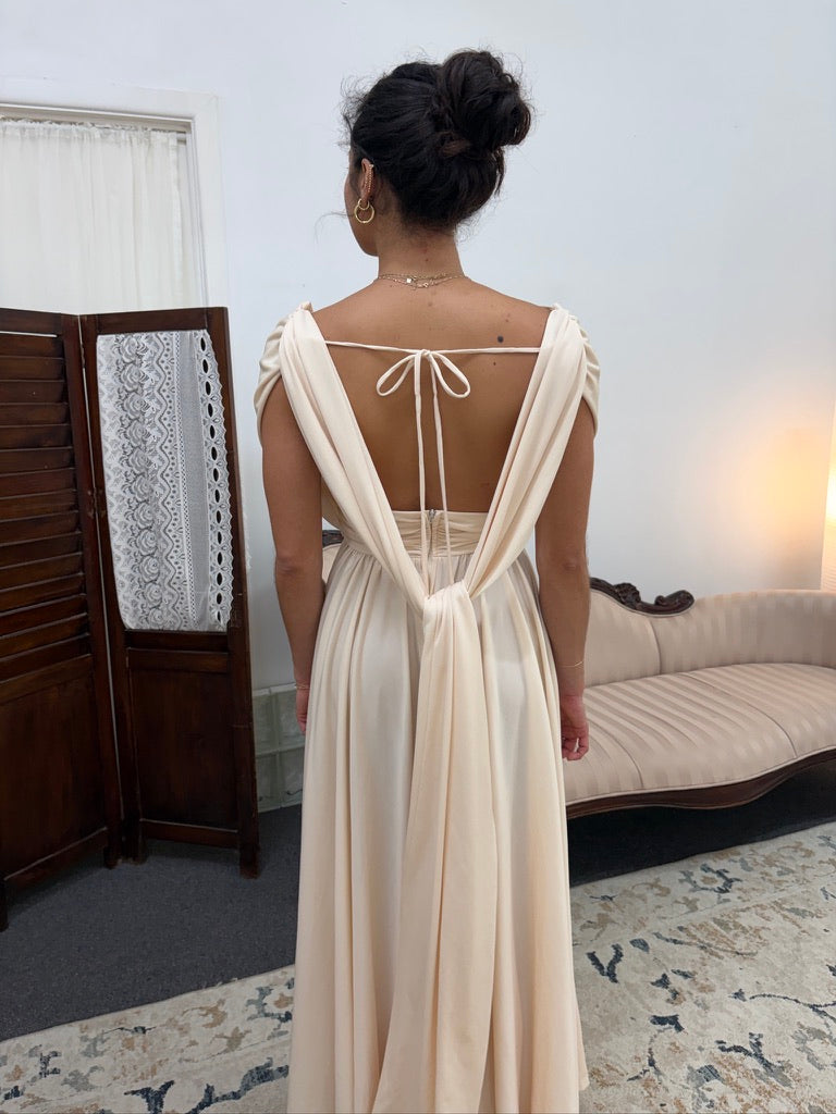 Vintage 70s cream grecian v neck gown with open back