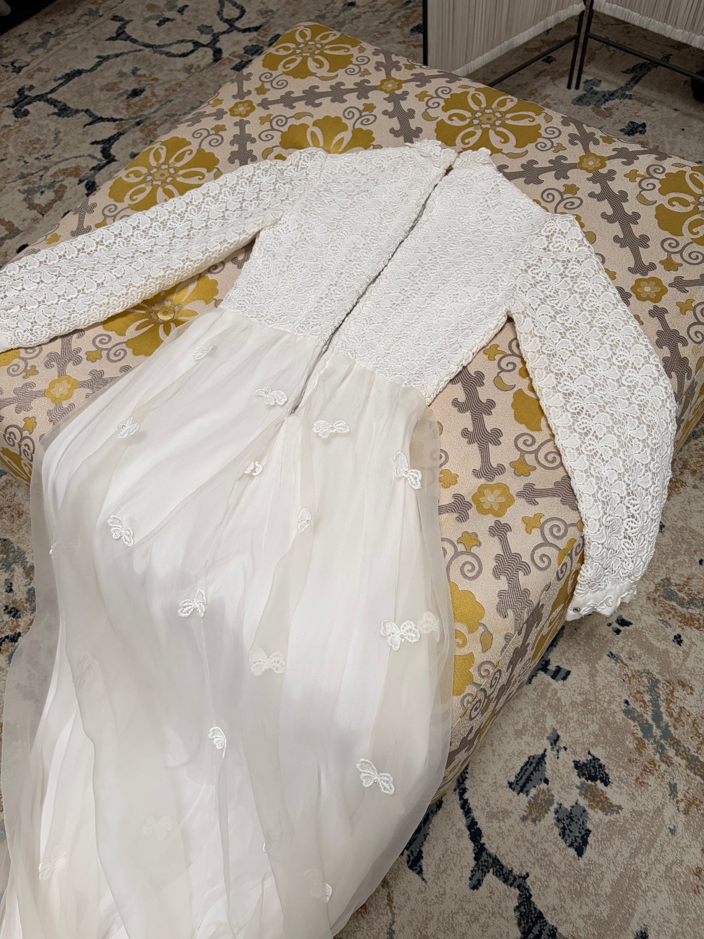 Vintage 60s long sleeve guipure lace wedding gown with applique train