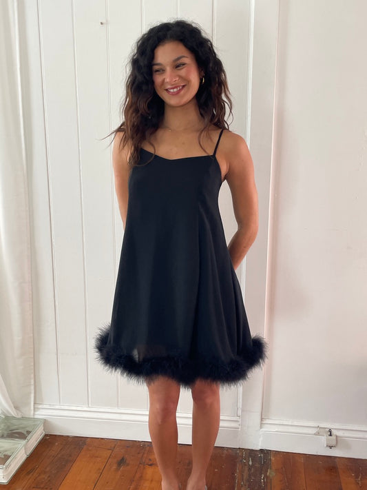 Vintage 90s Japanese black mini dress with ostrich feather trim