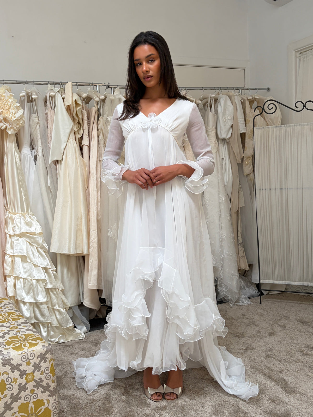 Vintage 70s Margo Prince ethereal ruffled chiffon long sleeve wedding dress with train