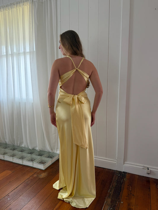Vintage Y2K lemon yellow open back satin evening gown