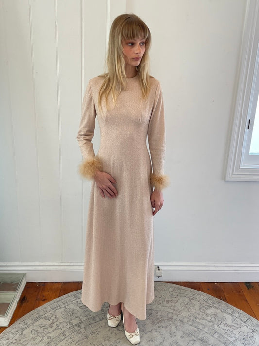 Vintage 60s champagne lurex long sleeve gown with ostrich feather cuffs