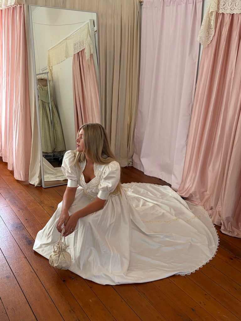 Vintage 90s cream raw silk dramatic princess wedding dress with train
