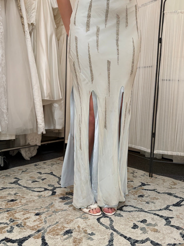 Vintage 00s ice blue silk beaded slip with slashed hem