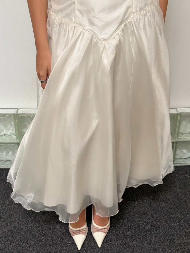 Vintage 90s basque waist organza tea length wedding dress