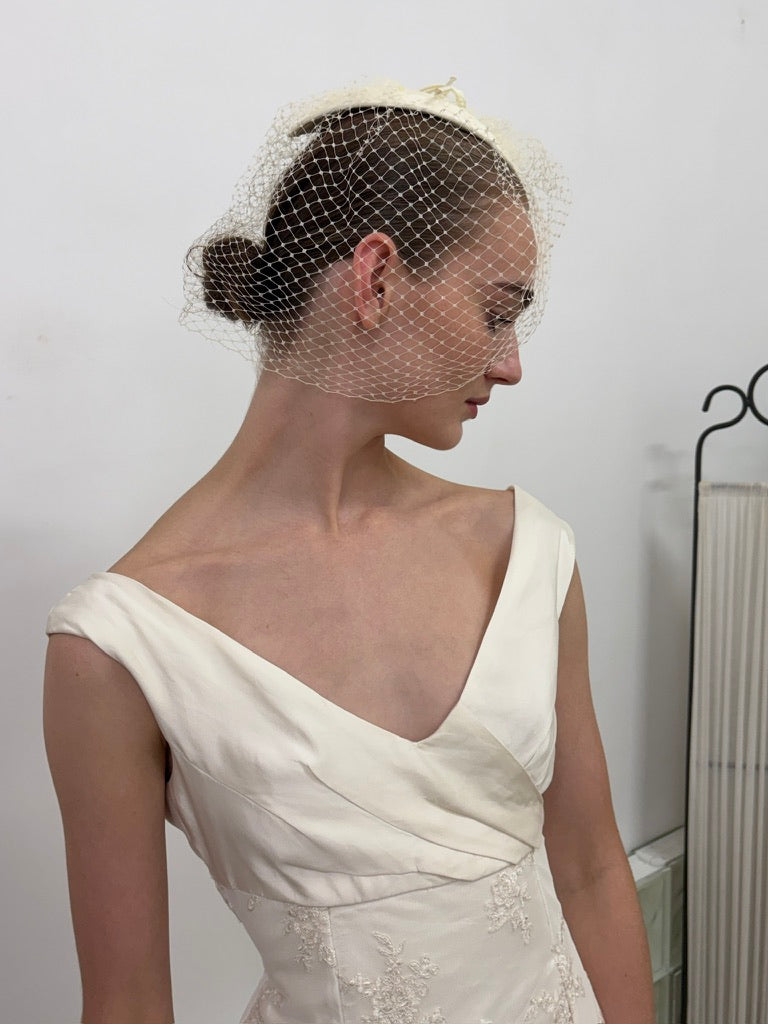 Vintage 80s cream satin bridal hat with birdcage veil