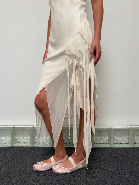 Vintage 90s ivory silk asymmetric bridal midi dress