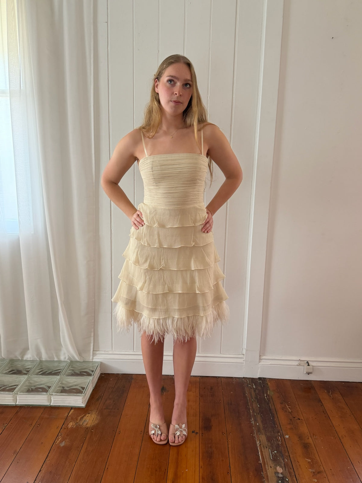 Vintage Y2K silk tiered midi dress with ostrich feather trim
