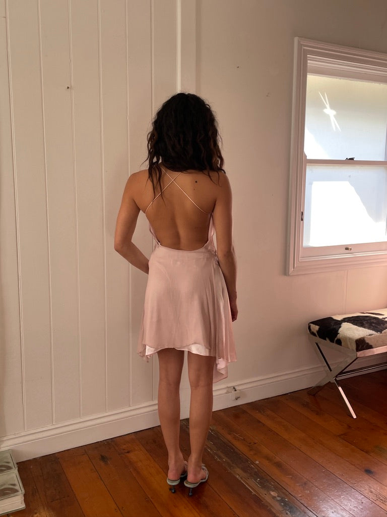 Vintage 90s pink silk bias cut mini dress with beaded butterfly