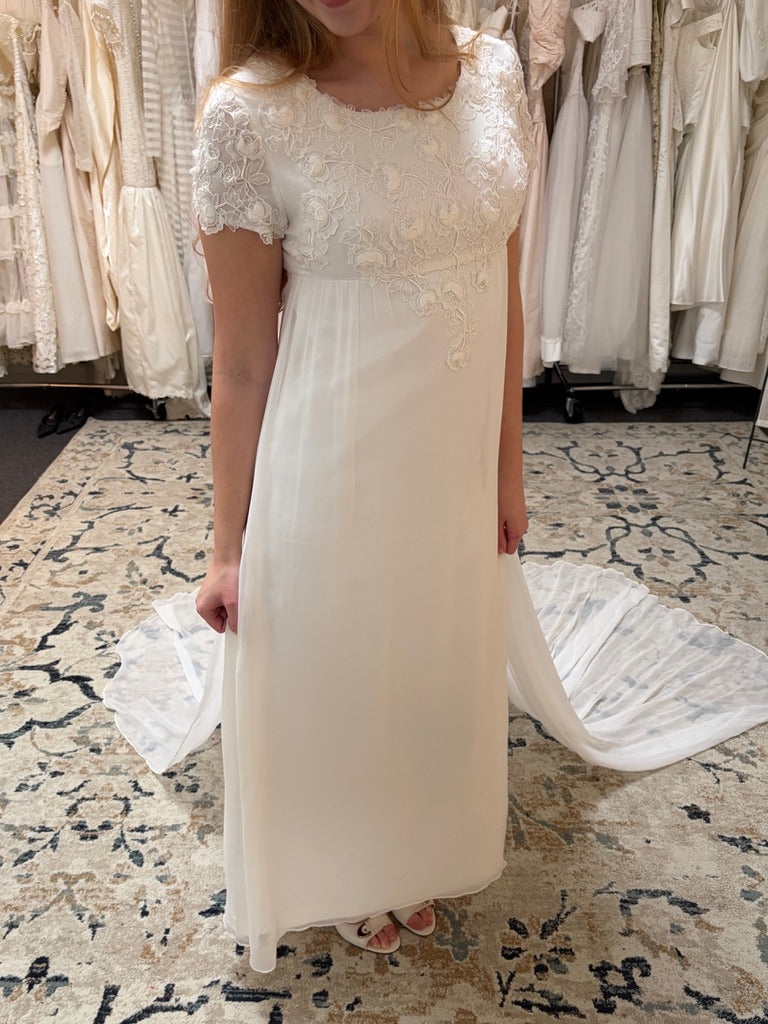 Vintage 60s column wedding dress with floral applique and dramatic train