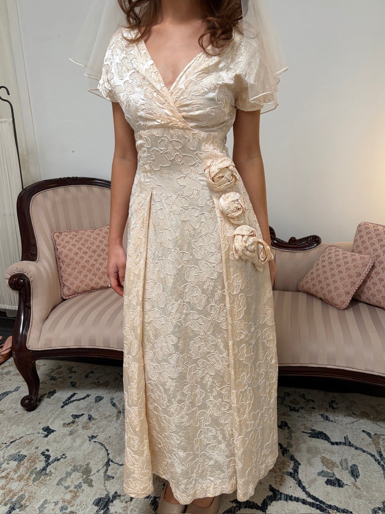 Vintage 50s corded jacquard satin a-line dress with rosettes