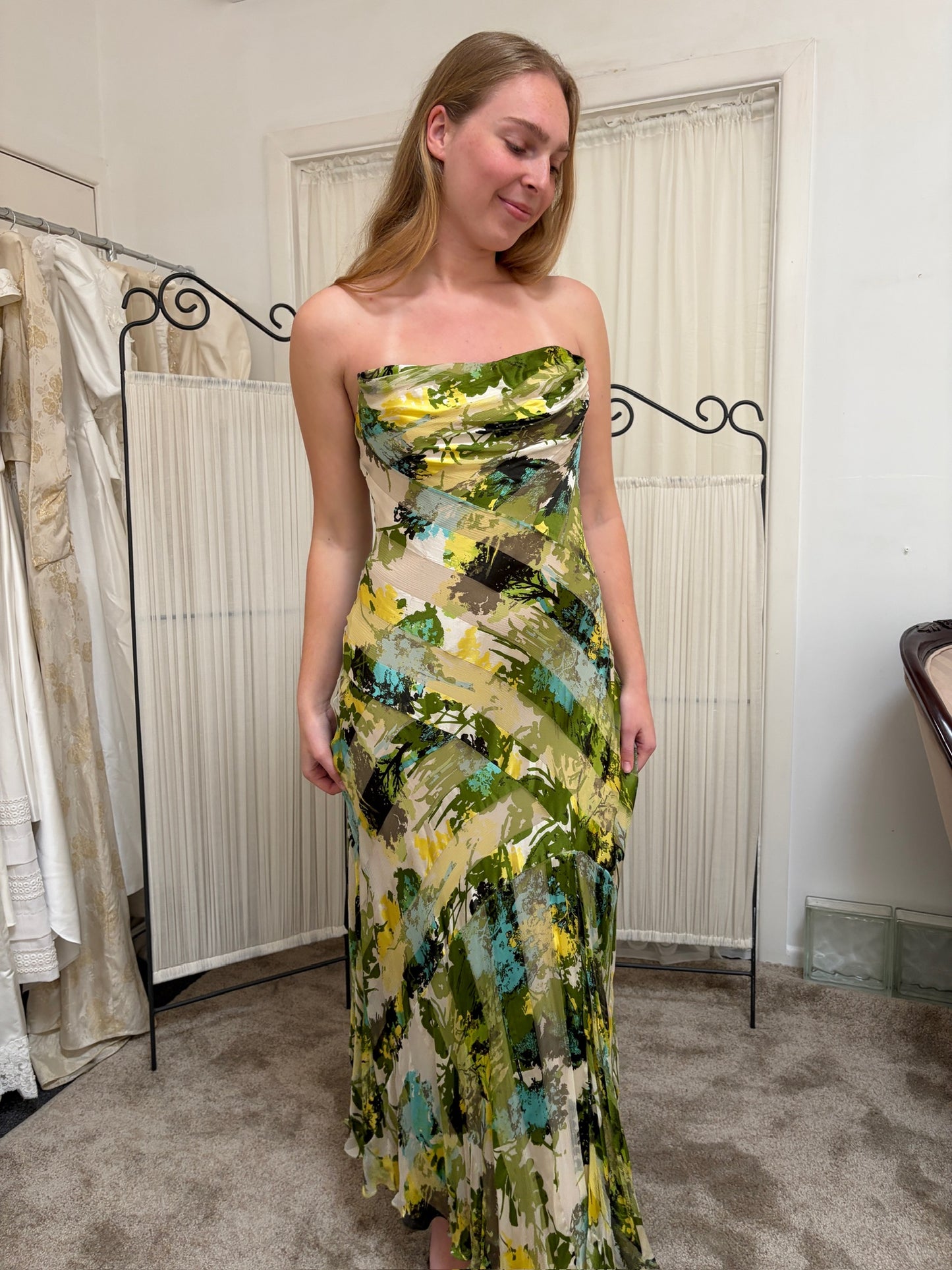 Vintage 00s Melinda Eng silk strapless evening gown with shawl