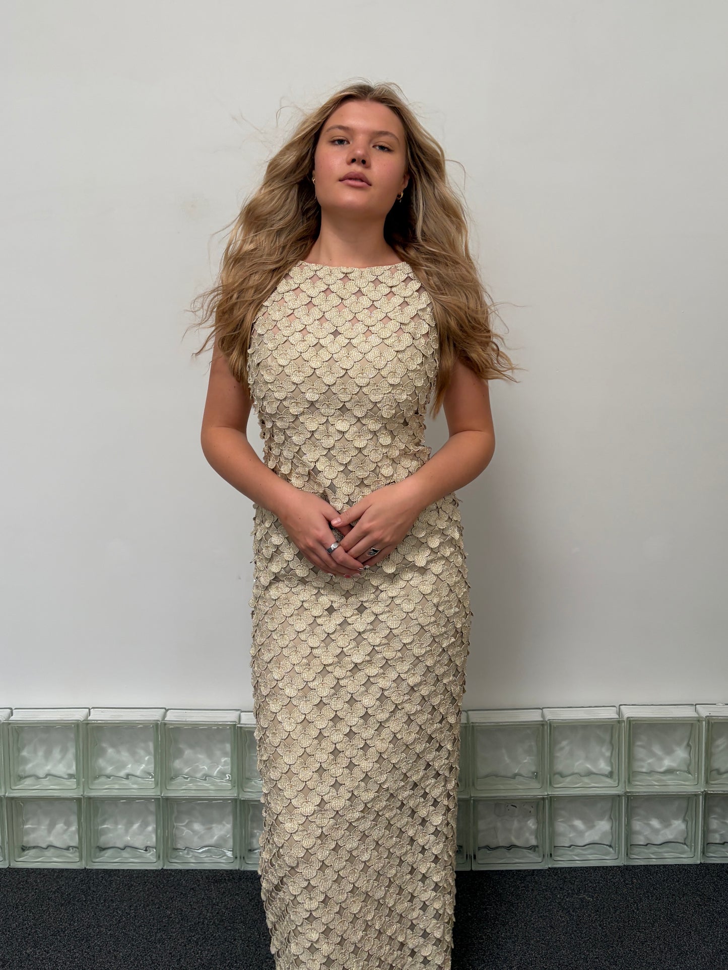Vintage 90s couture gold laser cut high neck evening gown