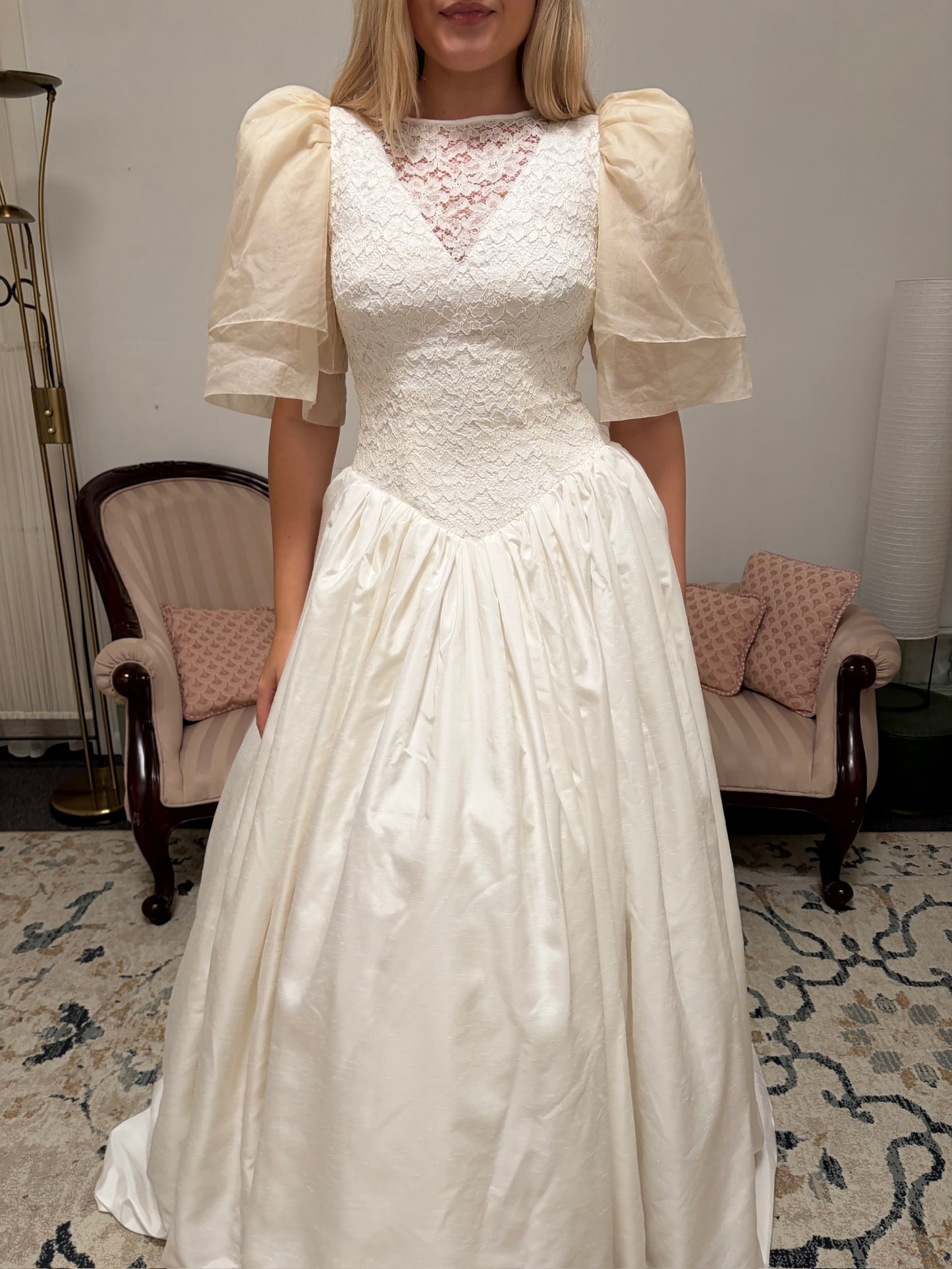 Vintage 1986 silk puff sleeve basque waist wedding dress with train
