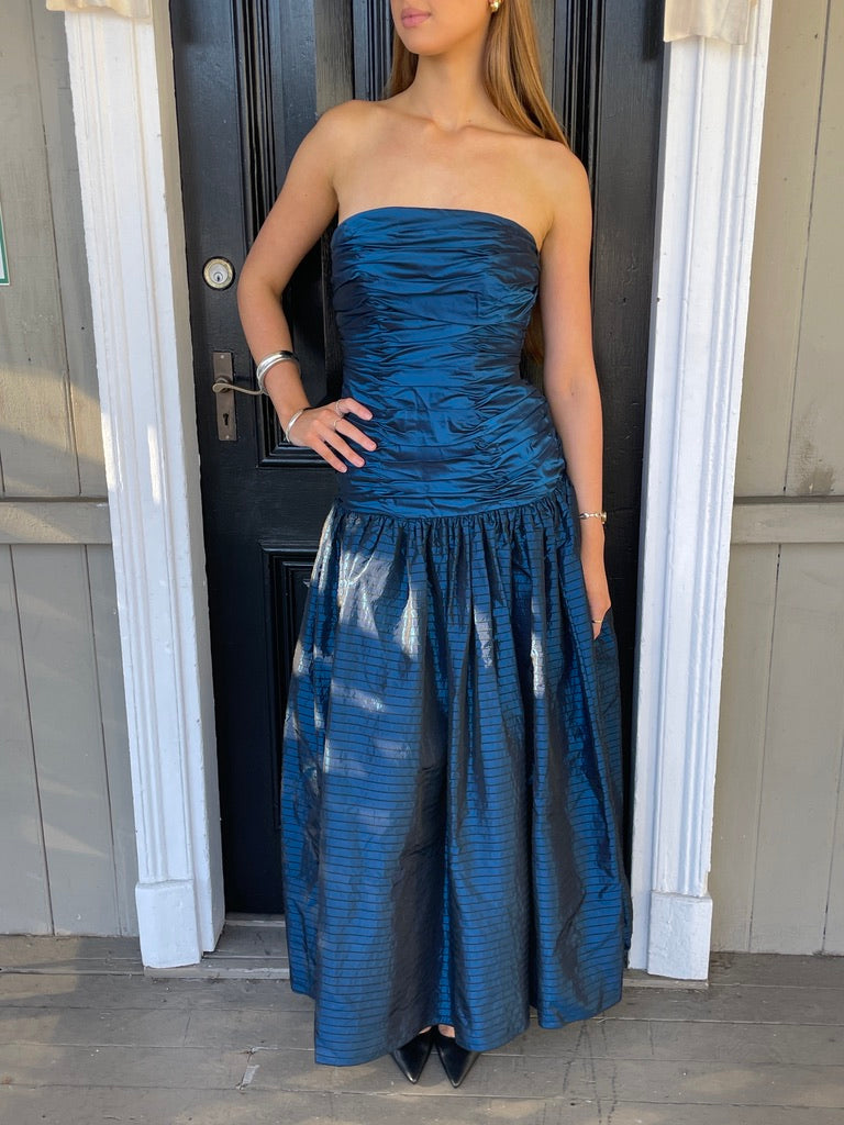 Vintage 80s Alyce blue strapless drop waist evening gown