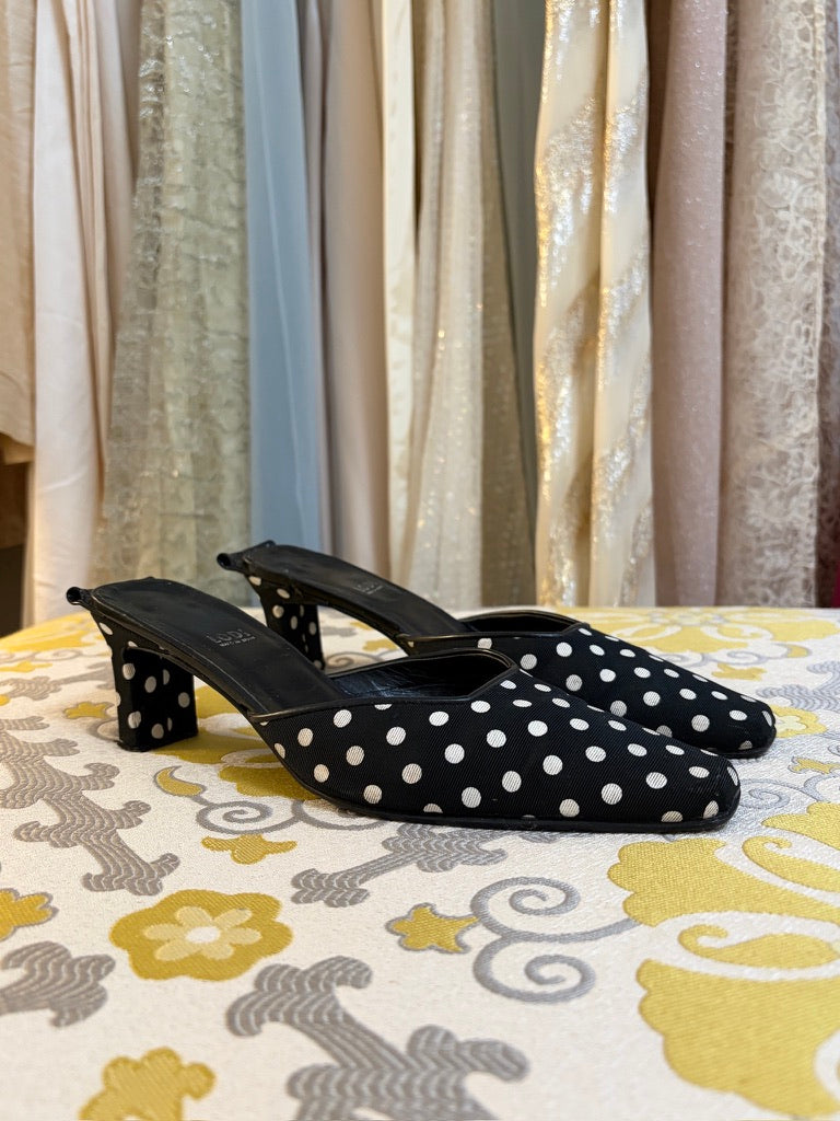 Vintage 90s black and white polka dot square toe mules