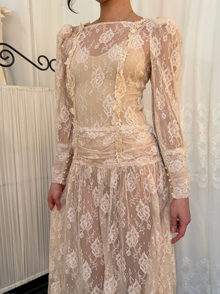 Vintage 80s drop waist long sleeve blush lace midi dress