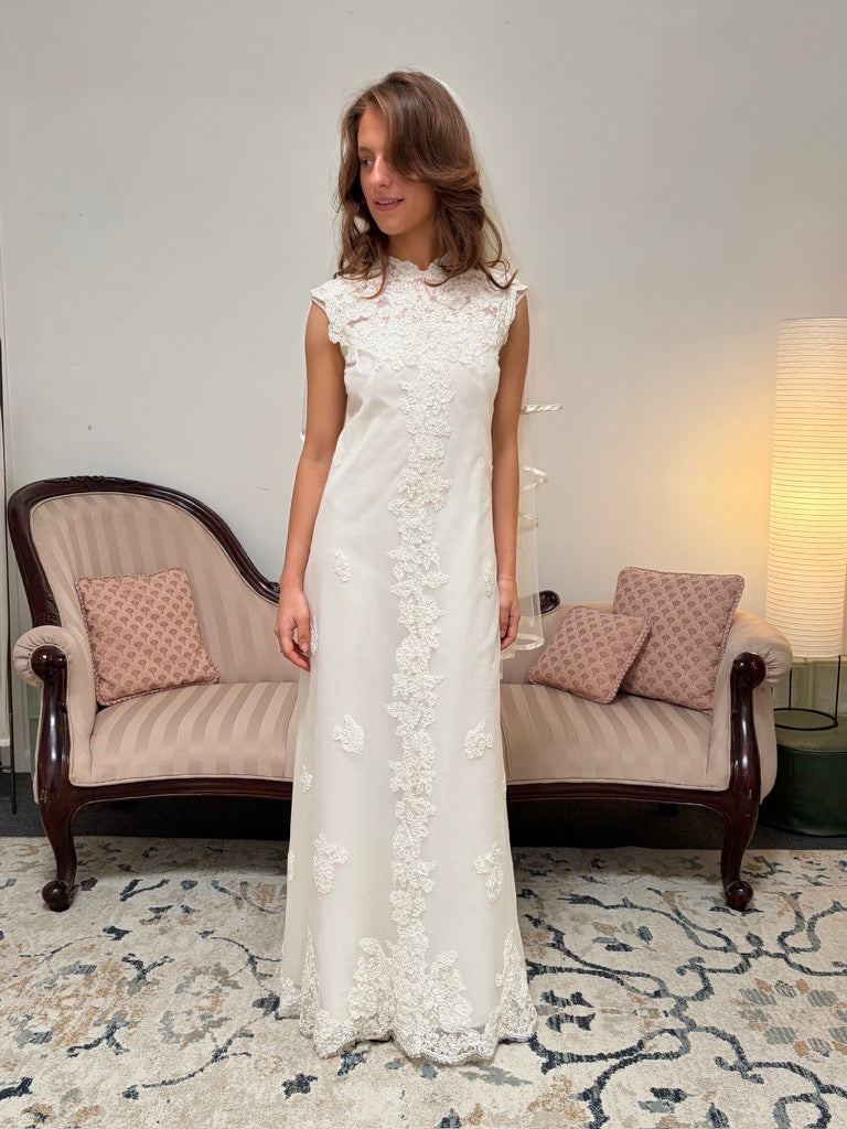 Vintage 60s Alfred Angelo high neck alençon lace column wedding dress