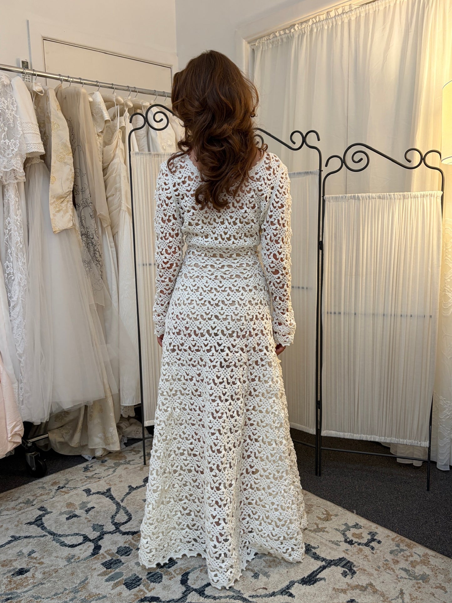Vintage 70s ivory crochet long sleeve a-line wedding dress
