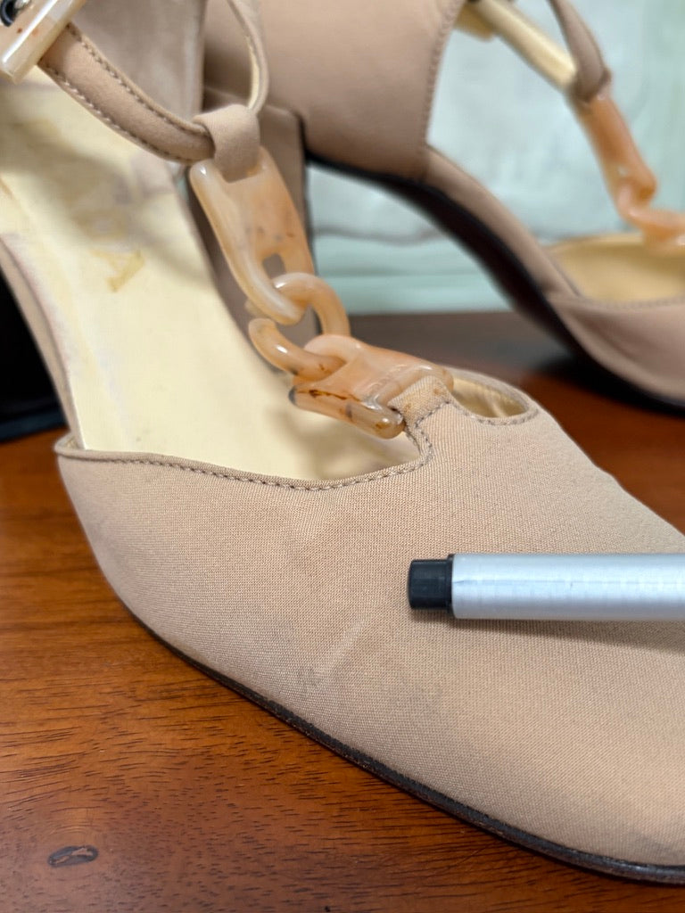 Vintage Prada beige nylon closed toe t-strap heels