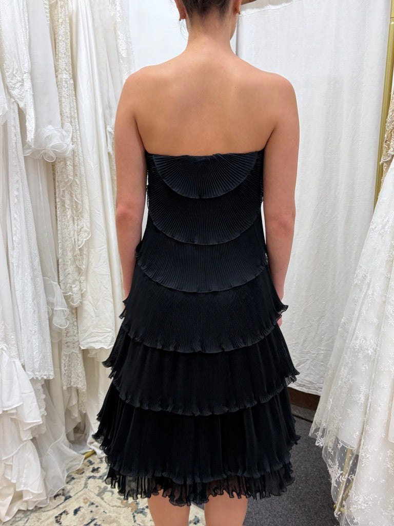 Vintage 80s Frank Usher tiered pleated black strapless dress