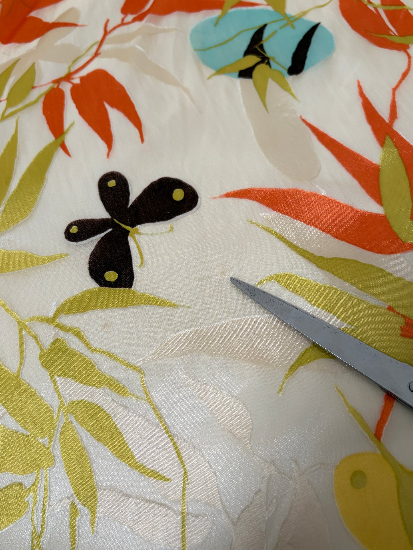 Vintage 00s silk butterfly print high neck dress with frog clasps