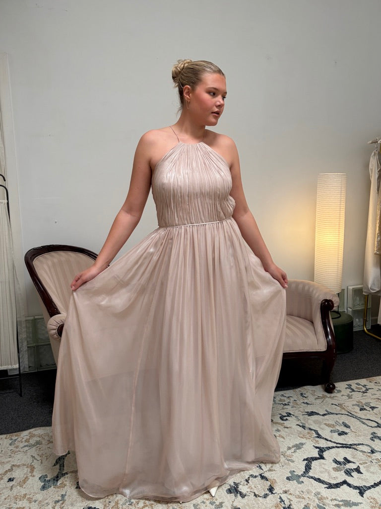 Vera Wang dusty pink shimmery pleated high neck gown