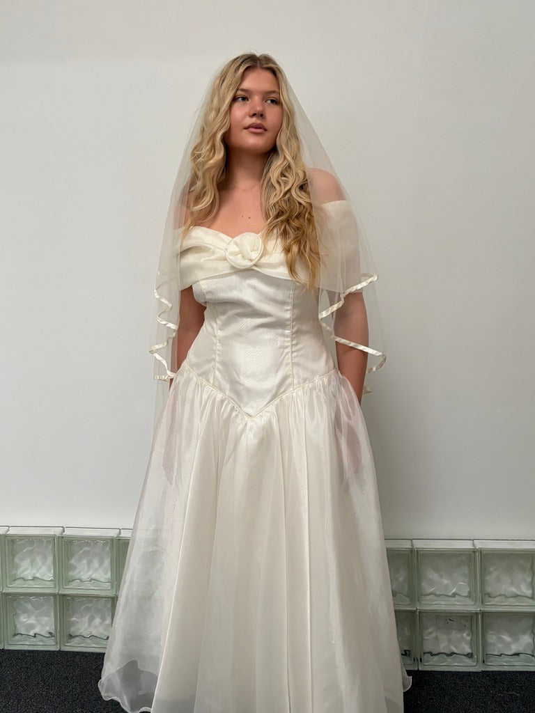 Vintage 90s basque waist organza tea length wedding dress