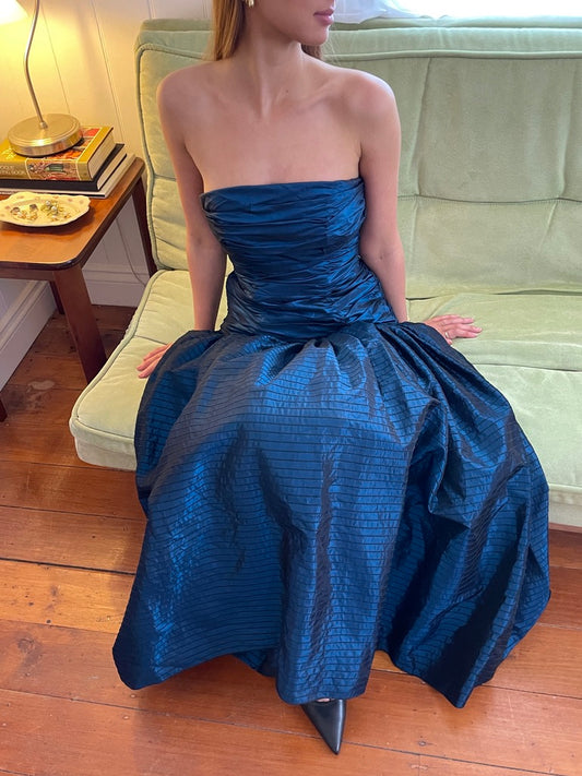 Vintage 80s Alyce blue strapless drop waist evening gown