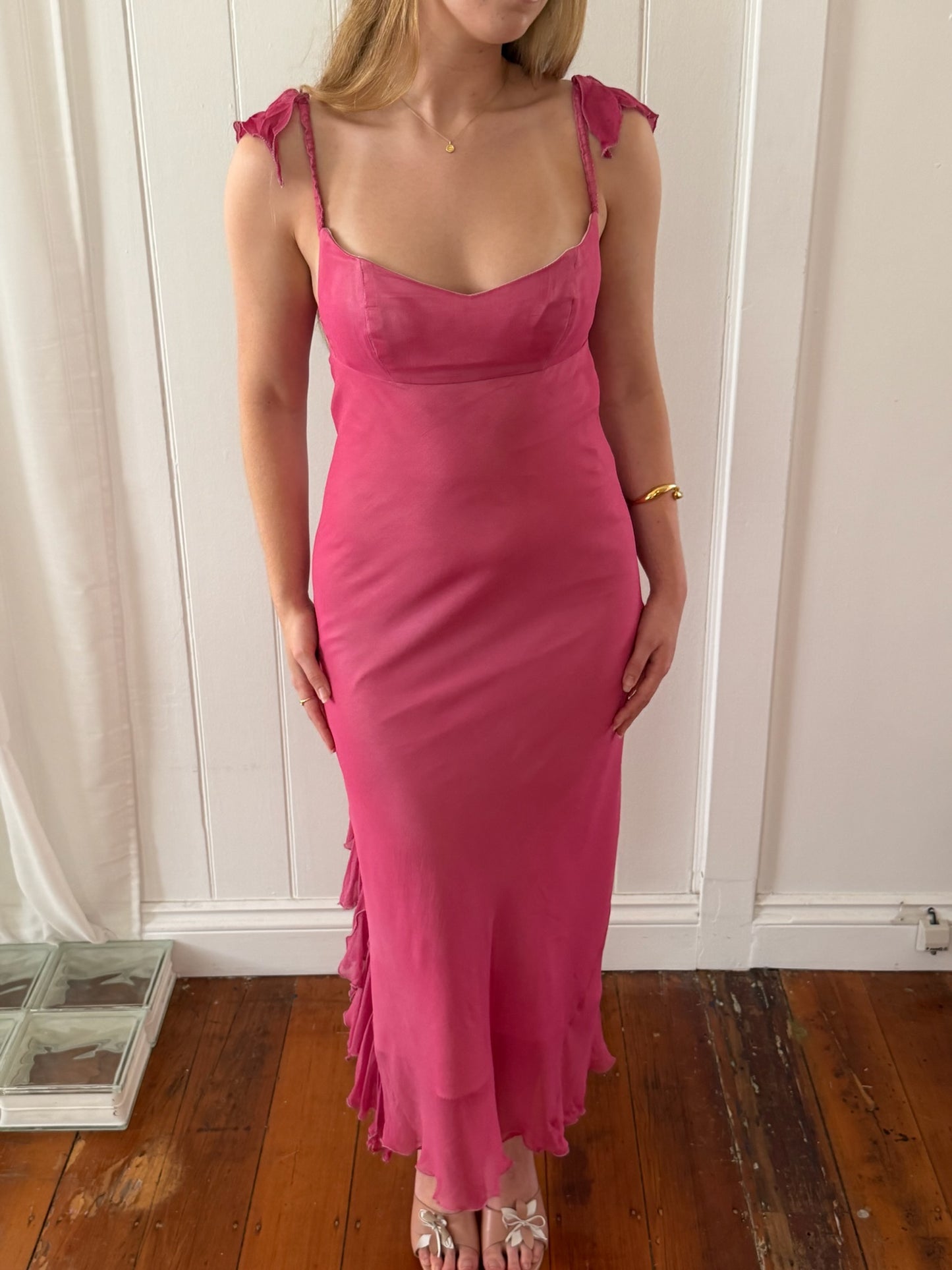 Vintage 1990 Jenny Bannister pink silk empire waist ruffle maxi dress