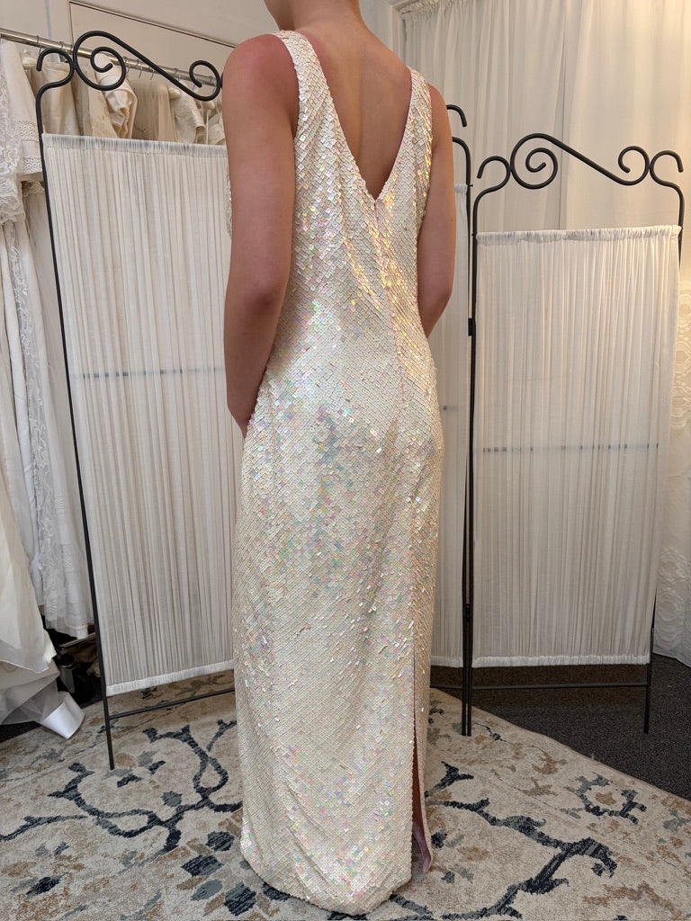 Vintage 90s Frank Usher iridescent square sequinned evening gown