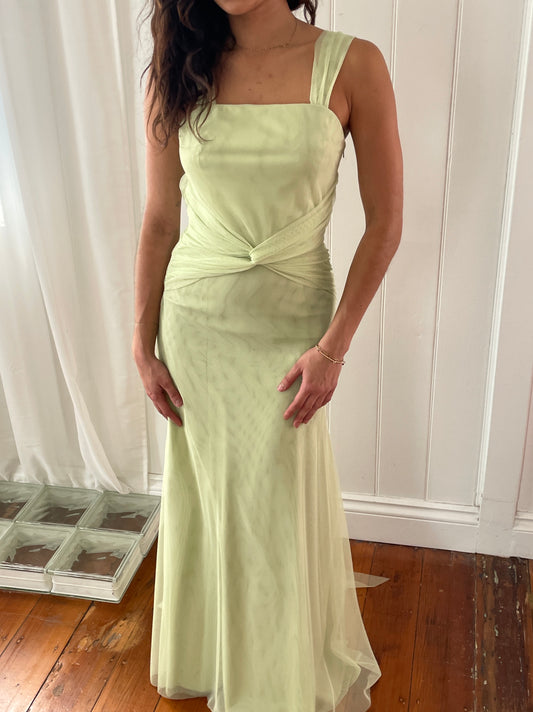 Vintage Y2K Vera Wang matcha tulle gown with tie