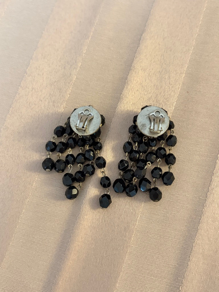 Vintage 80s black beaded dangle clip on earrings