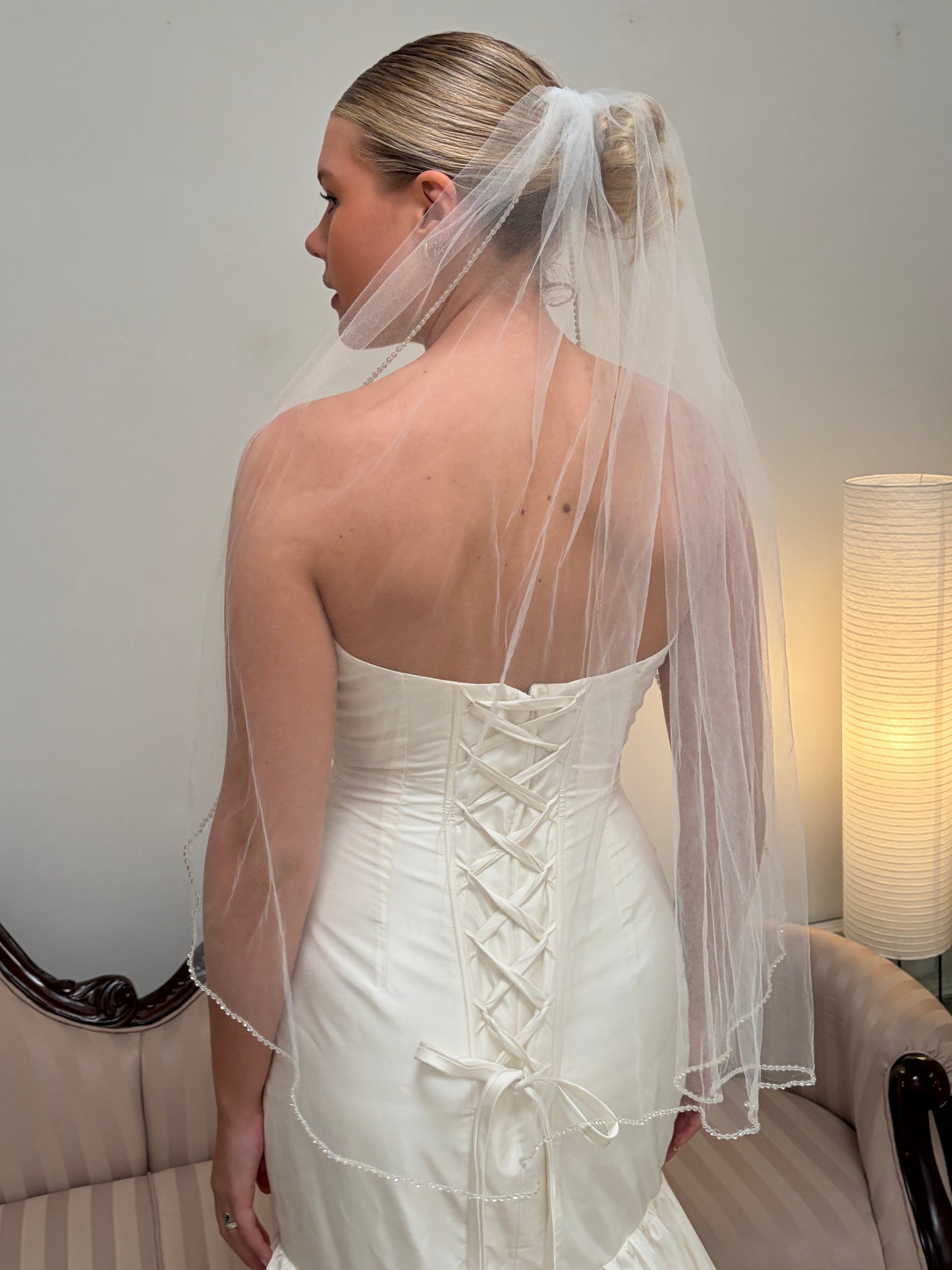 Vintage y2k ivory elbow veil with rhinestone edging