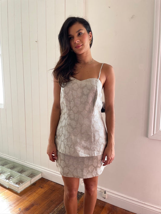 Vintage 90s Deadstock grey silk skirt top set