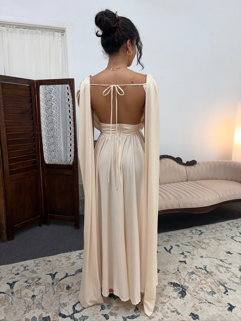 Vintage 70s cream grecian v neck gown with open back