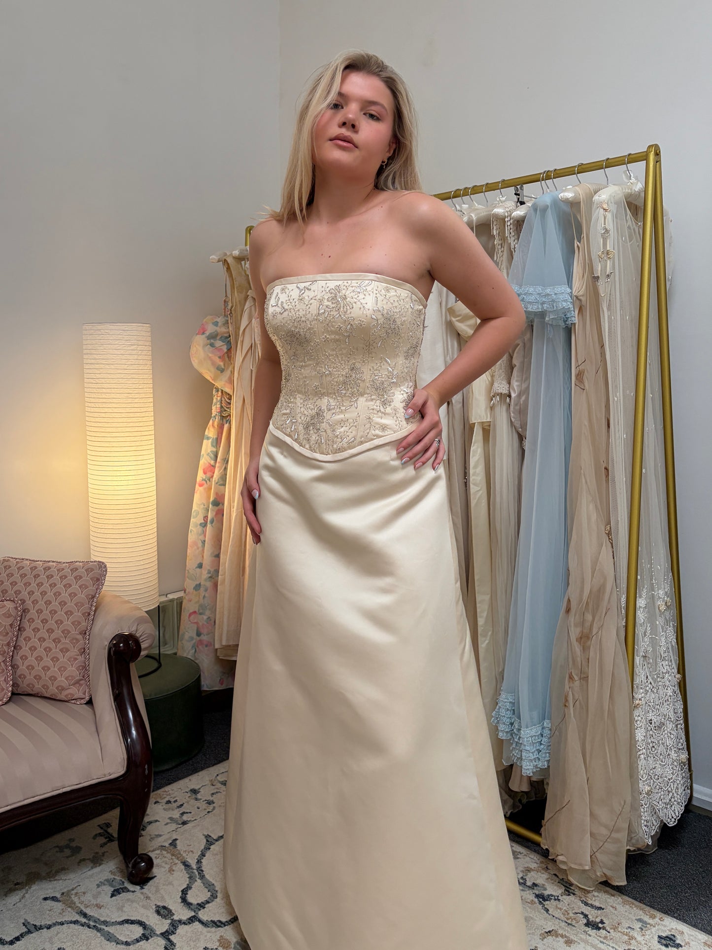 Vintage 00s Pronuptia champagne strapless wedding dress with detachable train