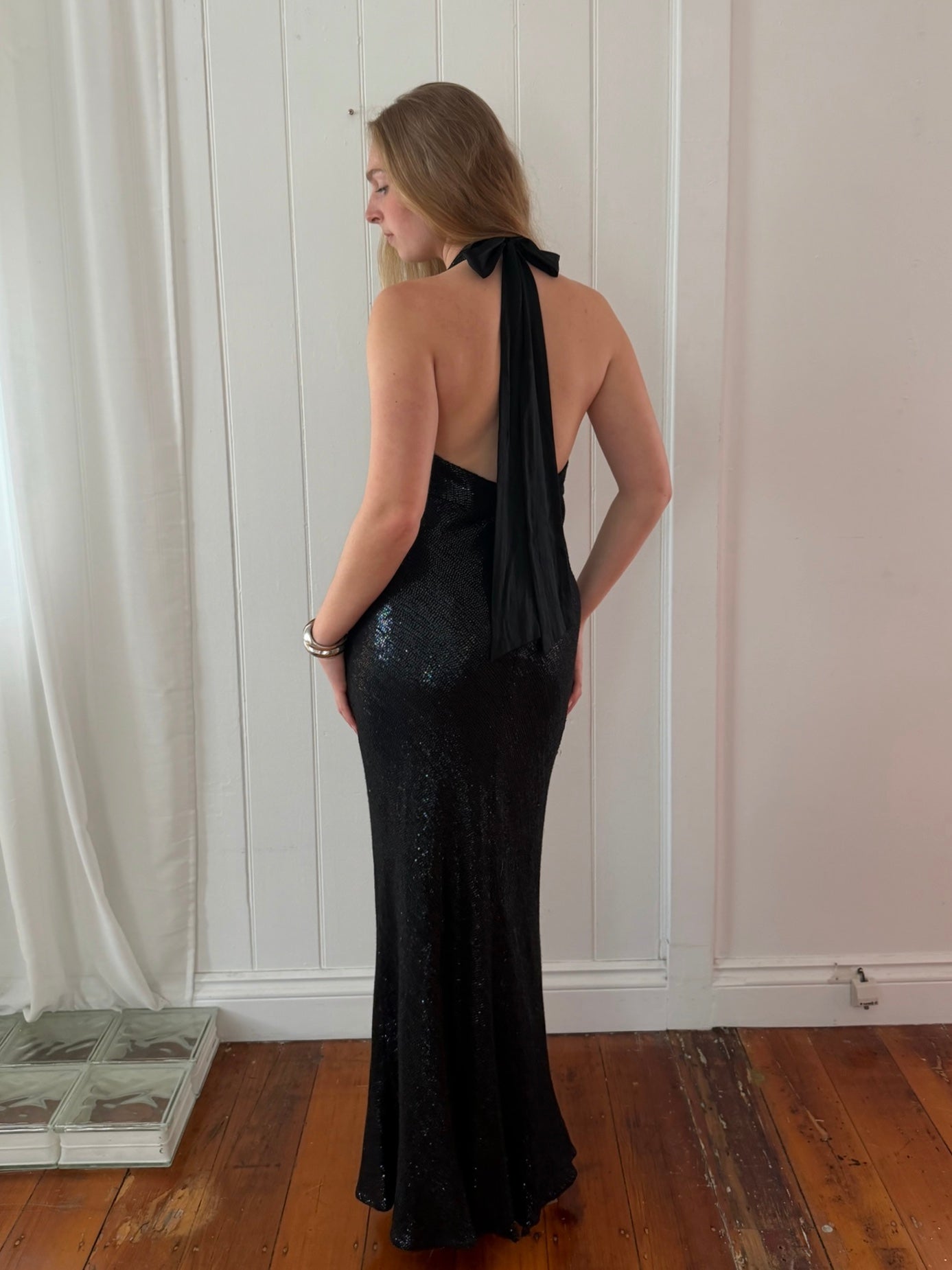 Vintage 00s black sequinned halter evening gown with open back