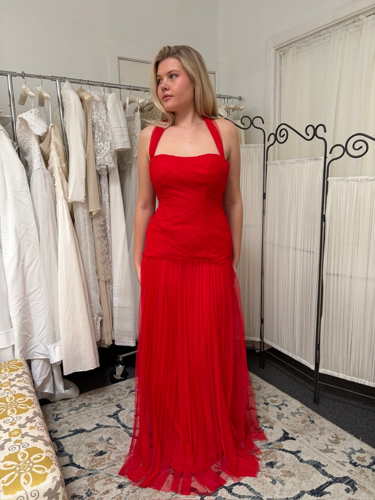 Vintage 00s Vera Wang red tulle drop waist evening dress