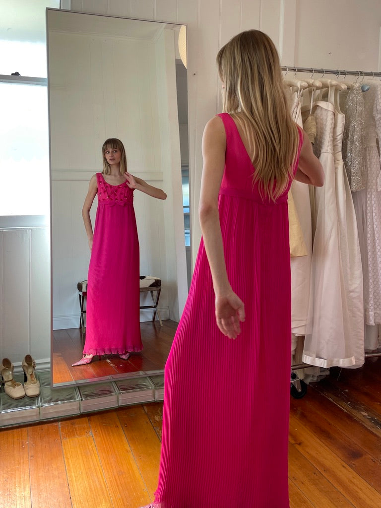 Vintage 60s Patou pink beaded sheath dress with bow