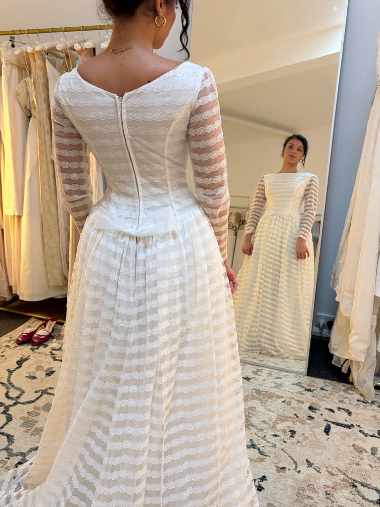 Vintage 60s lace long sleeve striped wedding gown with bows