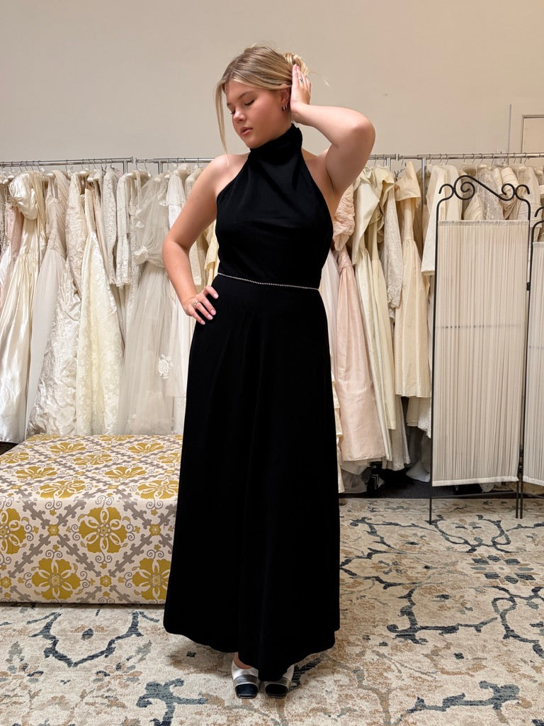 Vintage 70s Joan Leslie black open back halter gown with diamante trim