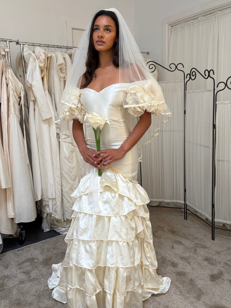 Vintage 00s cream satin drop waist tiered wedding dress