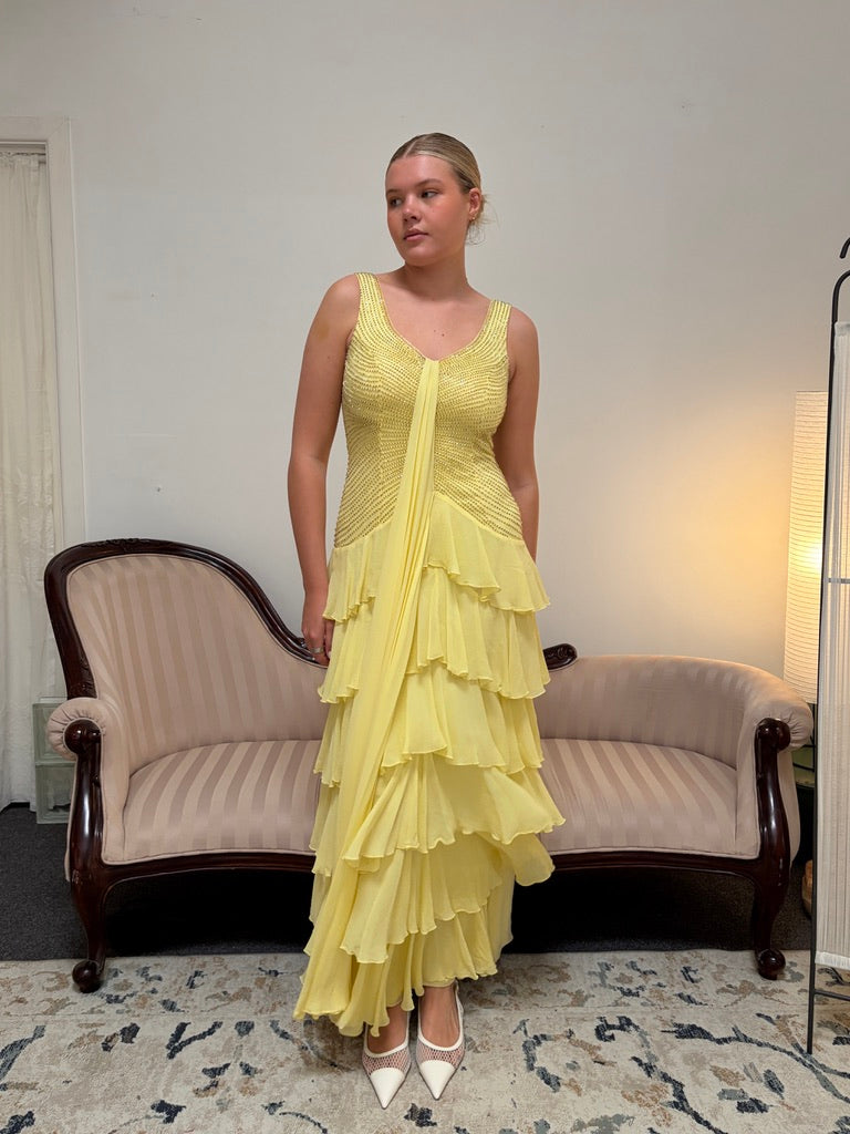 Vintage Y2K Frank Usher yellow silk beaded evening gown