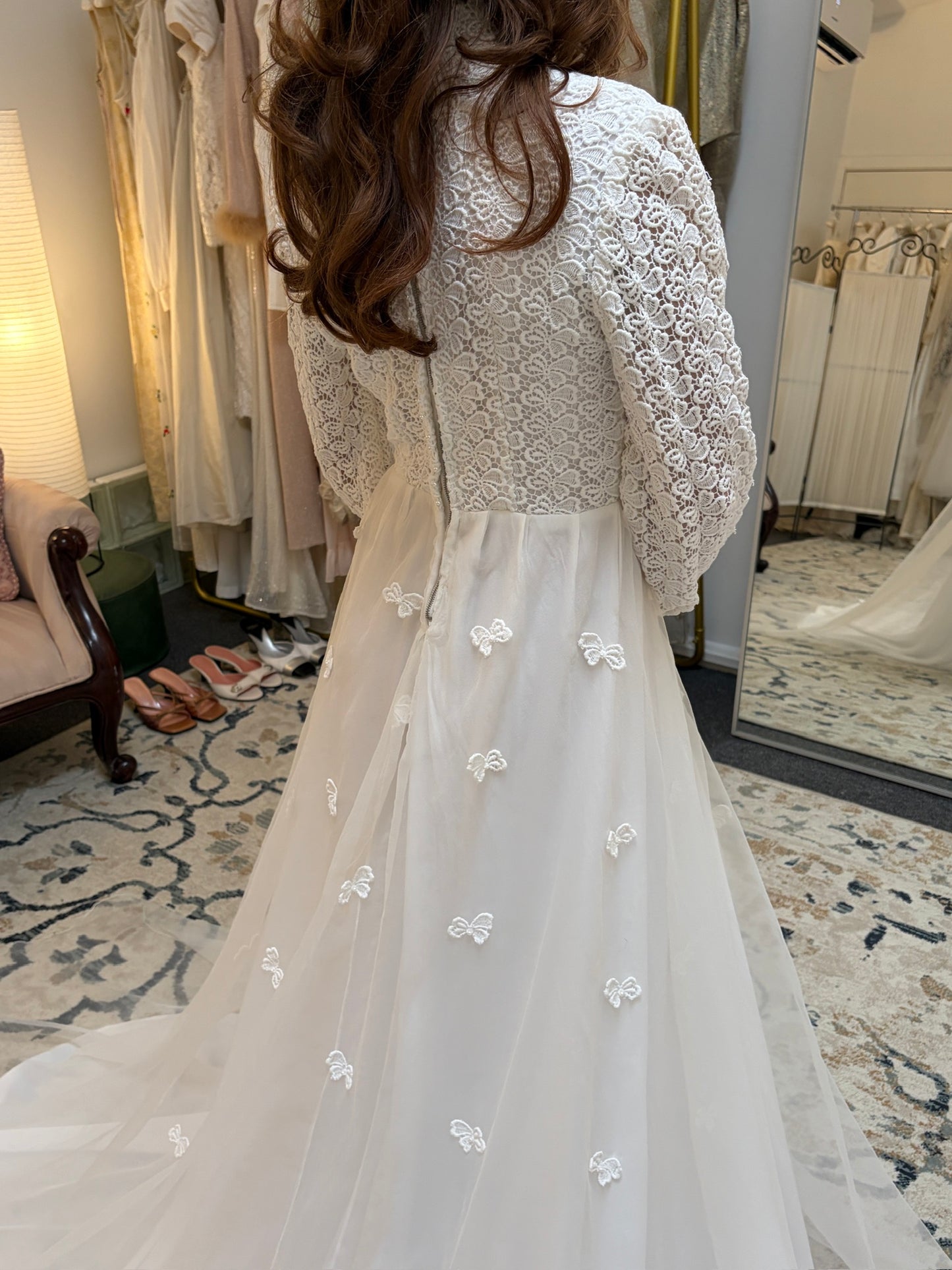 Vintage 60s long sleeve guipure lace wedding gown with applique train