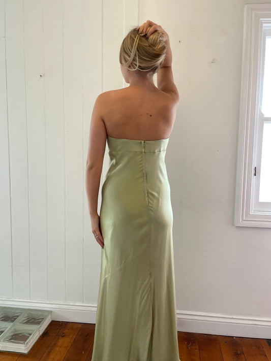 Vintage 90s pistachio green pure silk strapless gown