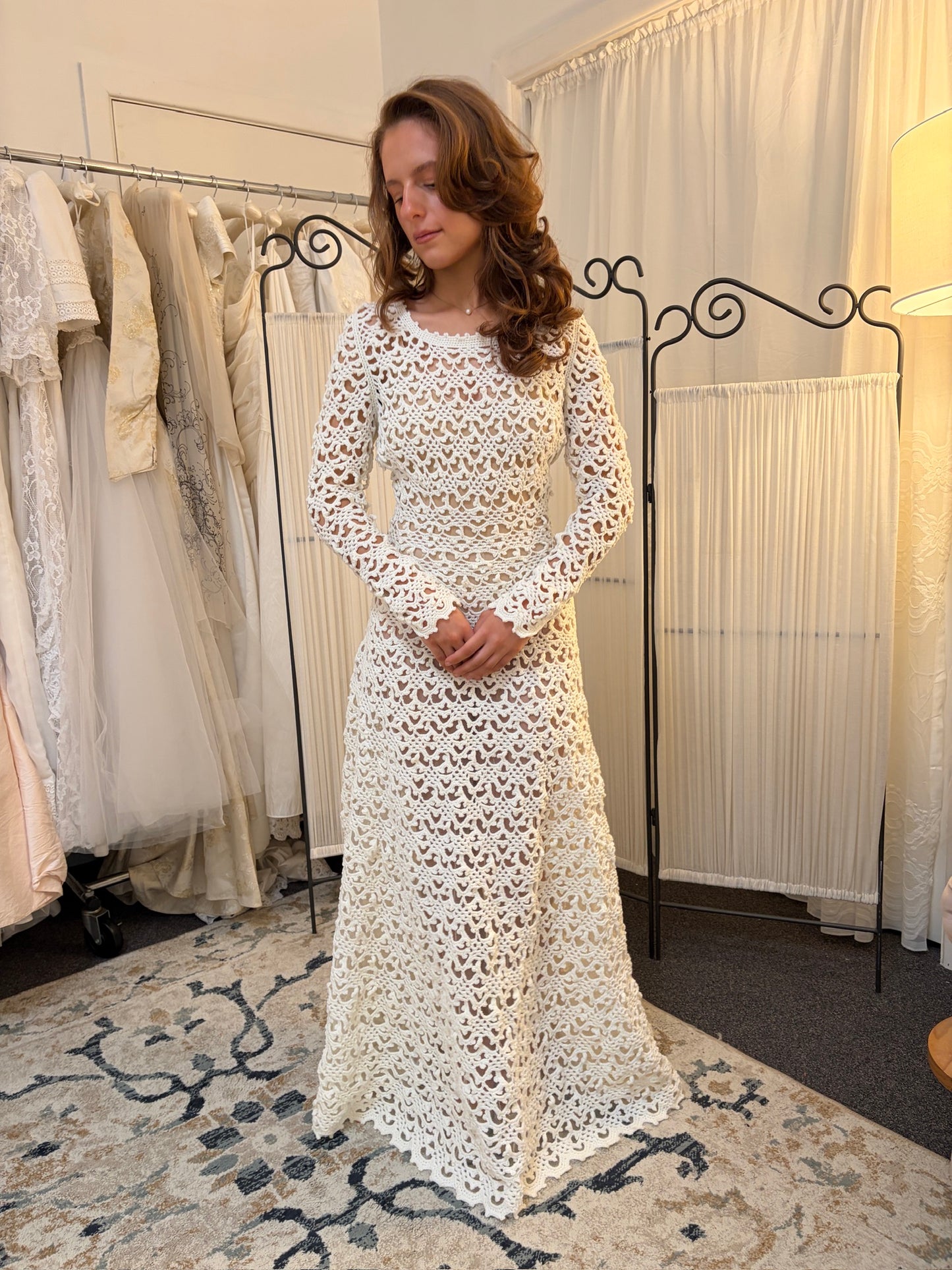 Vintage 70s ivory crochet long sleeve a-line wedding dress