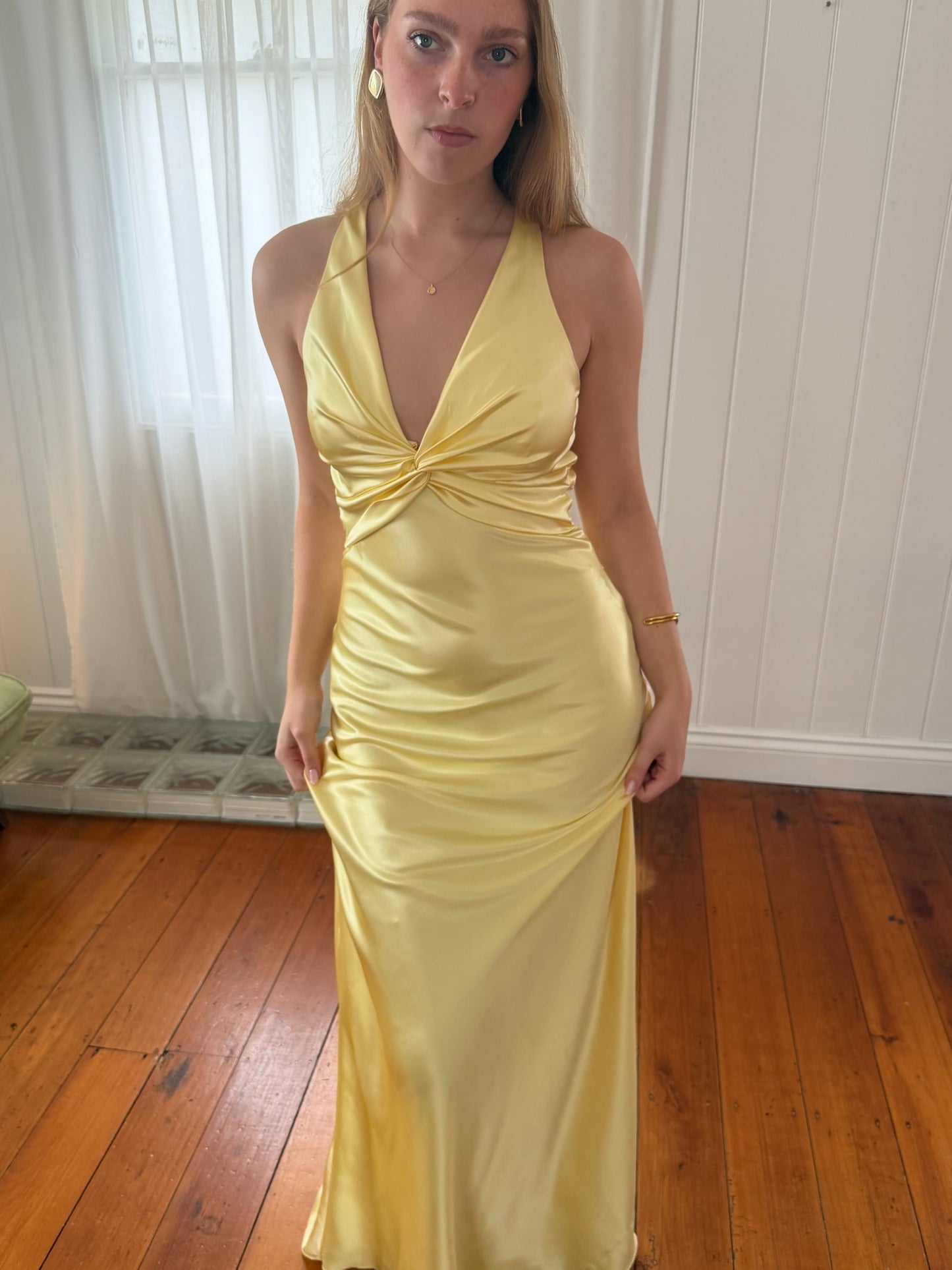 Vintage Y2K lemon yellow open back satin evening gown