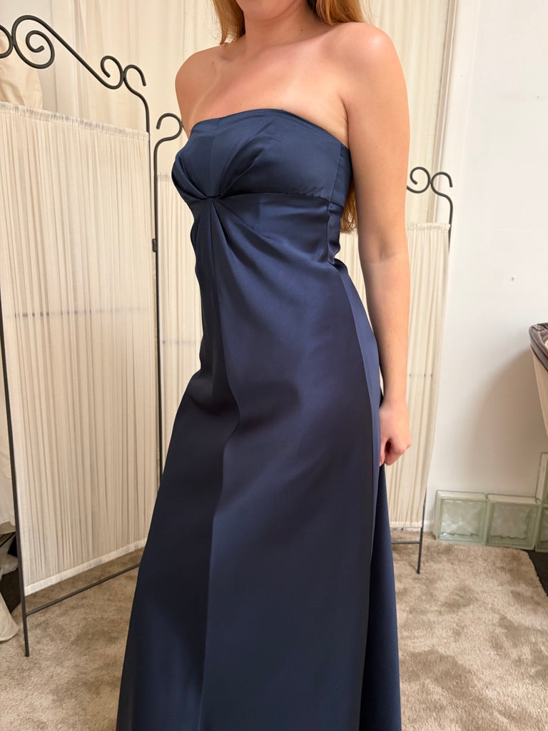 Vintage 90s Shelli Segal navy blue strapless evening dress